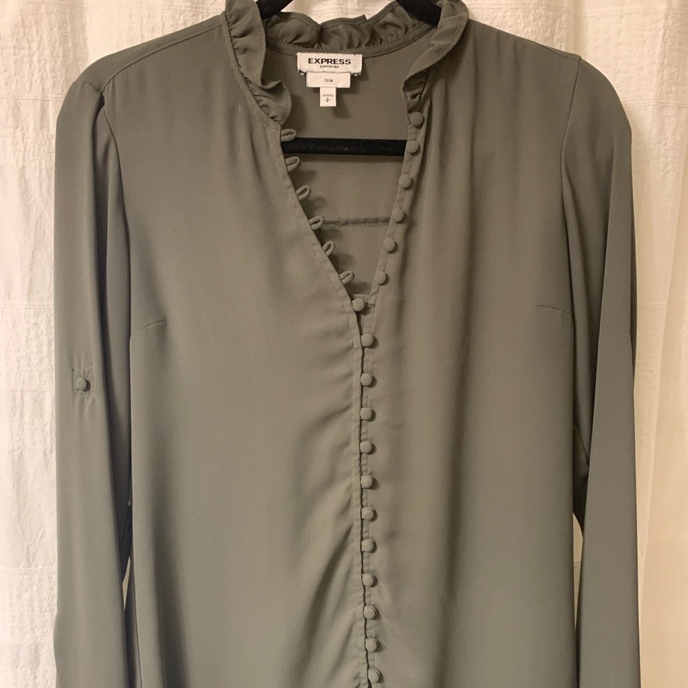 Small Slim Express Ruffled Green Portofino Blouse